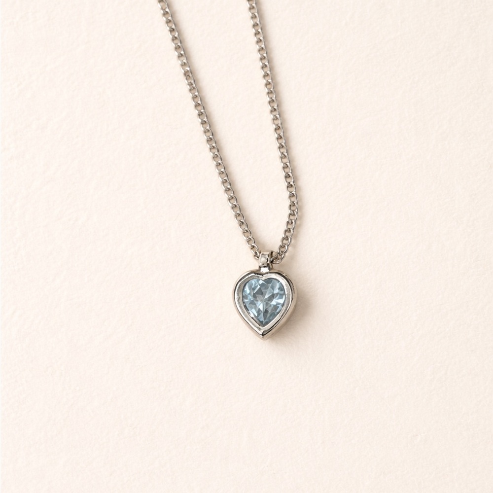 Silver Tone Heart Pendant Necklace with Light Blue Gem